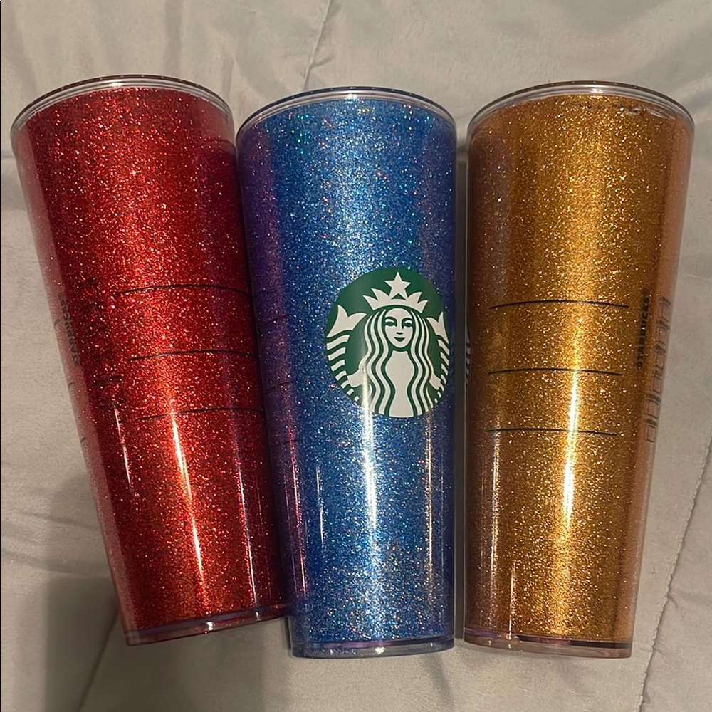 Starbucks Red, Blue & Gold Glitter Tumblers Party Set